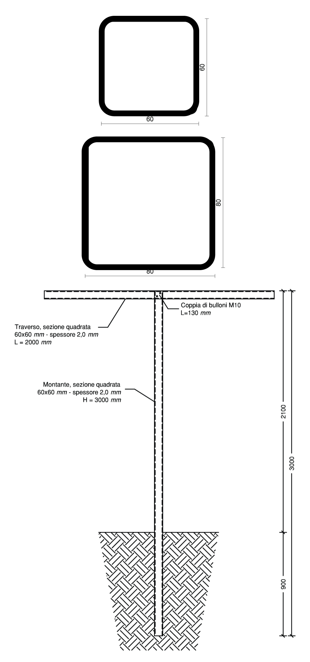 schema tecnico di un palo di testata a T